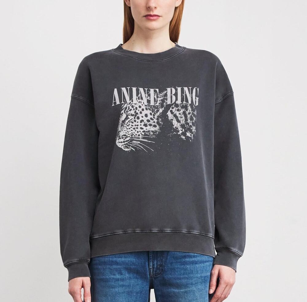 NWT Anine Bing Spencer Leopard Sweatshirt in Washed Black Small